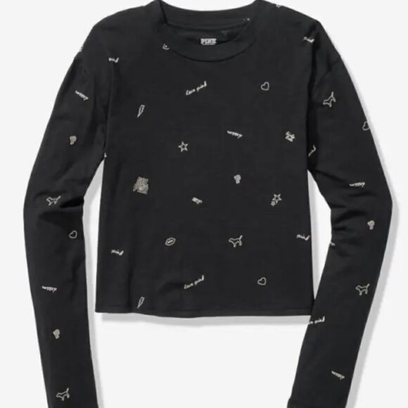 PINK Victoria's Secret Tops - Victoria’s Secret PINK long sleeve crew neck Semi Crop top tee shirt black